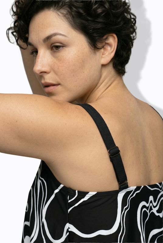 Marble Print Elastic Hem Tankini Set