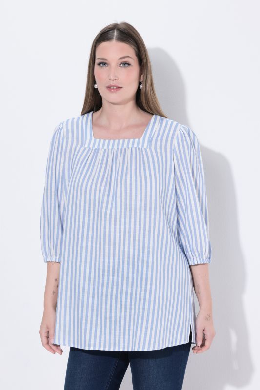 Striped Square Neck Linen Blend Blouse