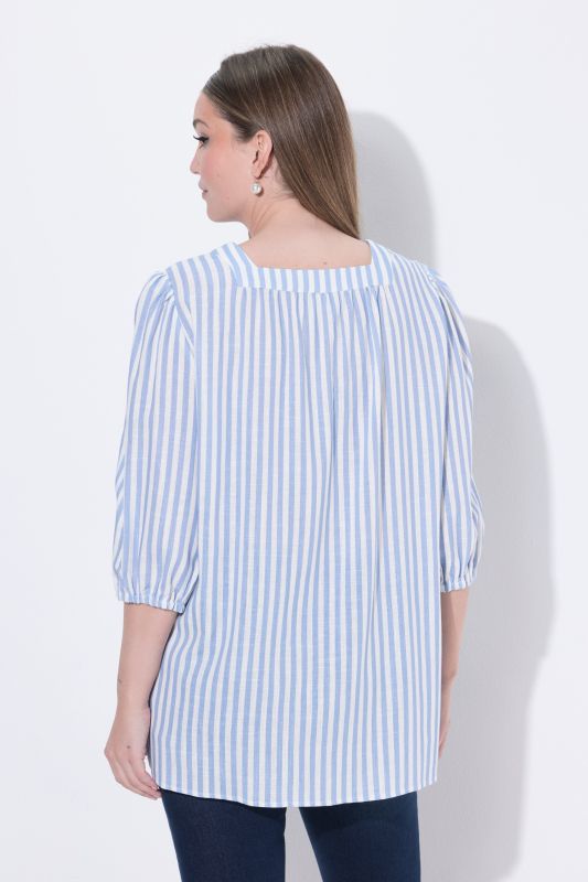 Striped Square Neck Linen Blend Blouse