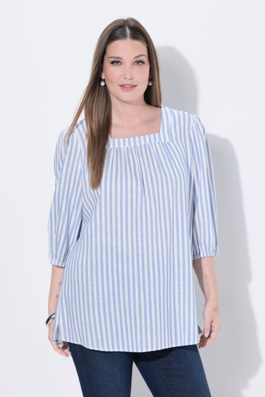 Striped Square Neck Linen Blend Blouse