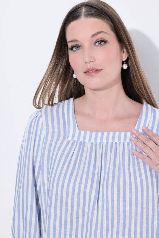 Striped Square Neck Linen Blend Blouse