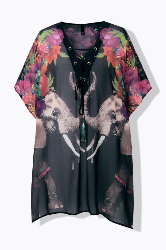 Sheer Elephant Print Lace Up Kaftan