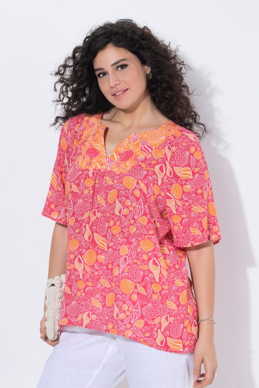 Seashell Print Split Neck Blouse