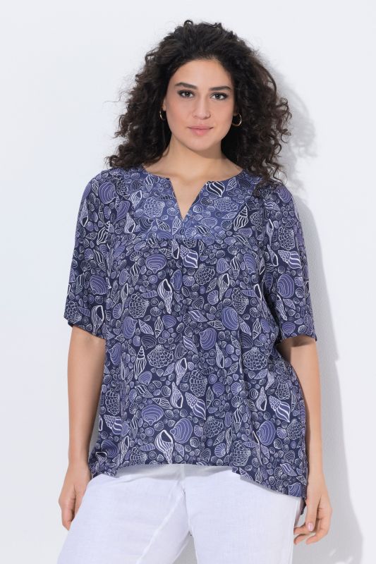 Seashell Print Split Neck Blouse