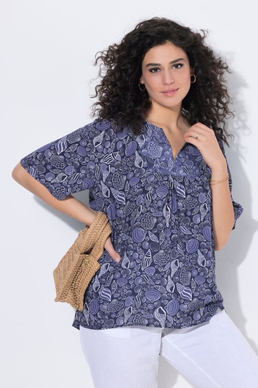 Seashell Print Split Neck Blouse