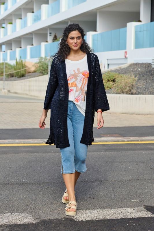 Mixed Openwork Longline Cardigan