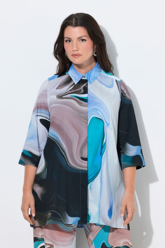 Marbled 3/4 Sleeve Button Down Blouse