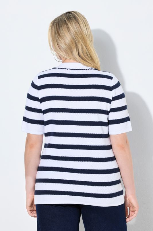 Striped Short Sleeve Polo Collar Sweater
