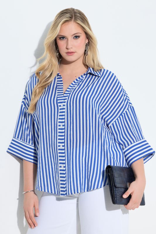 Mixed Stripe 3/4 Sleeve Button Down Blouse
