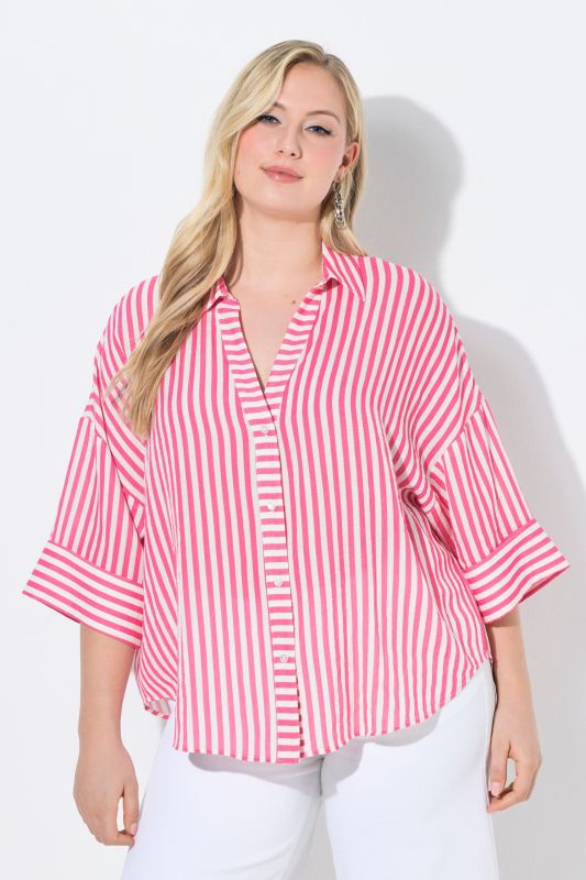 Mixed Stripe 3/4 Sleeve Button Down Blouse