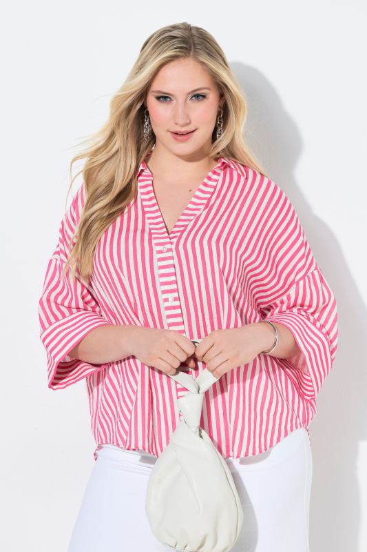 Mixed Stripe 3/4 Sleeve Button Down Blouse