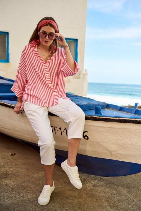 Mixed Stripe 3/4 Sleeve Button Down Blouse