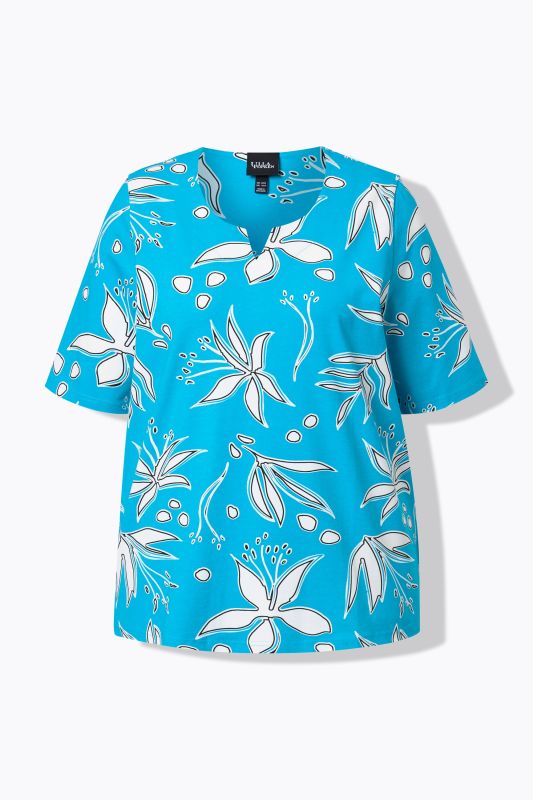 Graphic Floral Print Split Neck Tee