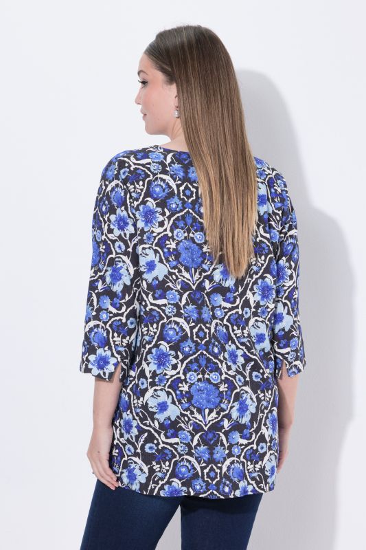 Ornate Floral 3/4 Sleeve Linen Blend Blouse