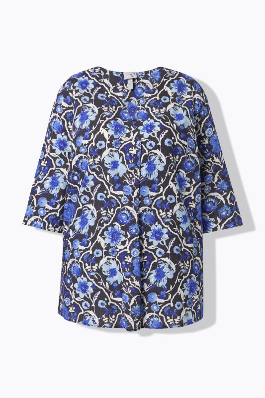 Ornate Floral 3/4 Sleeve Linen Blend Blouse