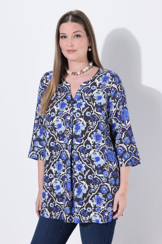 Ornate Floral 3/4 Sleeve Linen Blend Blouse