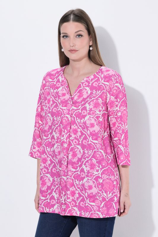 Ornate Floral 3/4 Sleeve Linen Blend Blouse