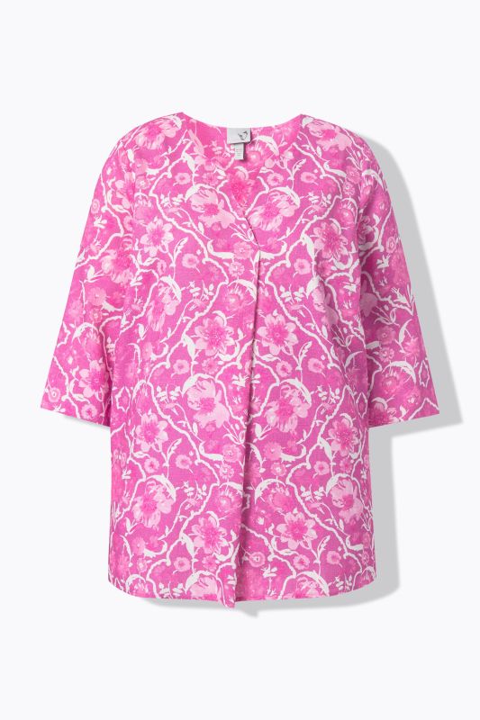 Ornate Floral 3/4 Sleeve Linen Blend Blouse