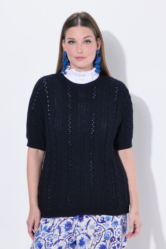 Openwork Cable Knit Short Sleeve Sweater