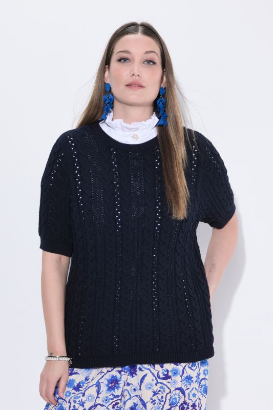 Openwork Cable Knit Short Sleeve Sweater