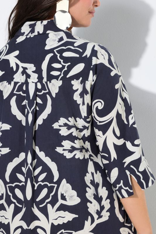 Floral Damask Print Button Down Tunic Dress