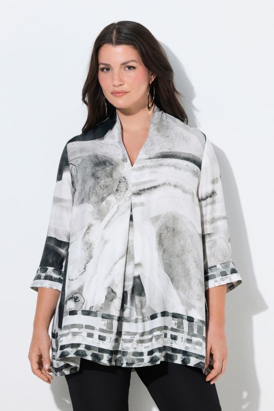 Watercolor Satin Border Print Blouse