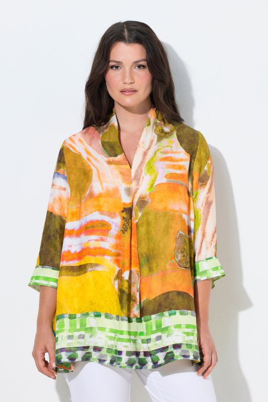 Watercolor Satin Border Print Blouse