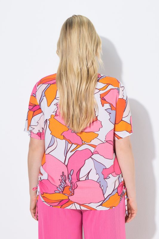 Adjustable Gathering Tie Floral Print Blouse