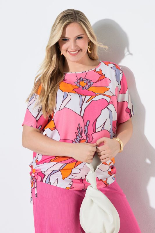 Adjustable Gathering Tie Floral Print Blouse