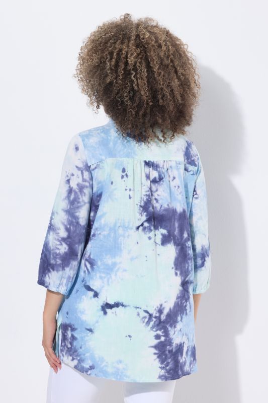 Tie-Dye Print 3/4 Sleeve Linen Blend Blouse