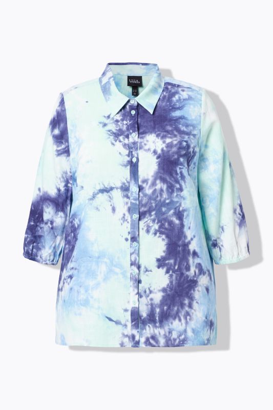 Tie-Dye Print 3/4 Sleeve Linen Blend Blouse