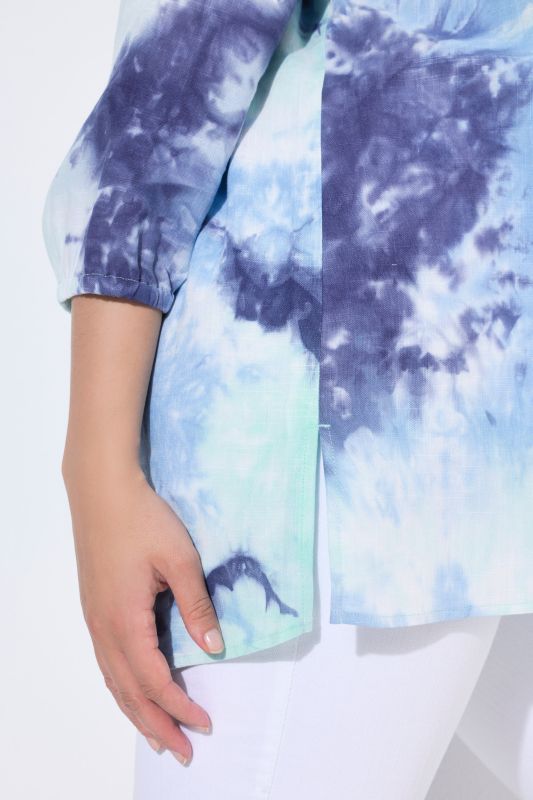 Tie-Dye Print 3/4 Sleeve Linen Blend Blouse