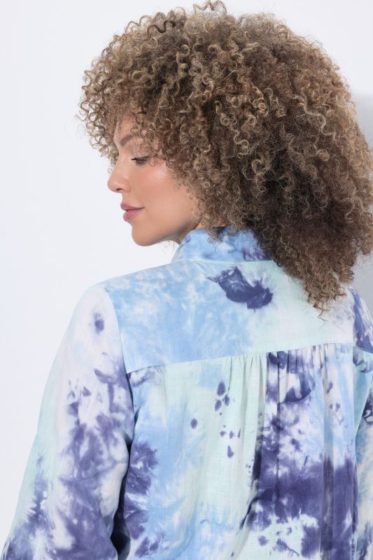 Tie-Dye Print 3/4 Sleeve Linen Blend Blouse