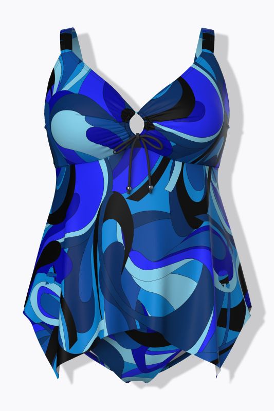 Wave Print Pointed Hem Tankini Set