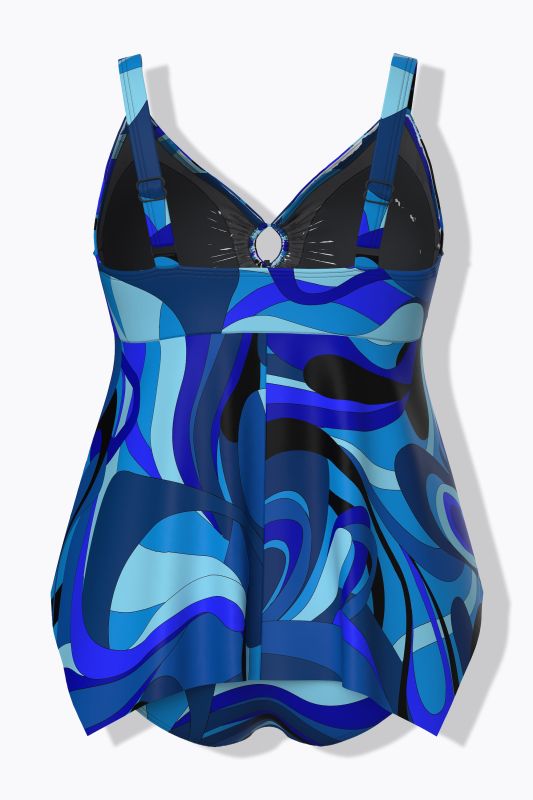 Wave Print Pointed Hem Tankini Set