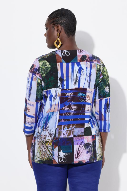 Patchwork Print 3/4 Sleeve Slinky Tee