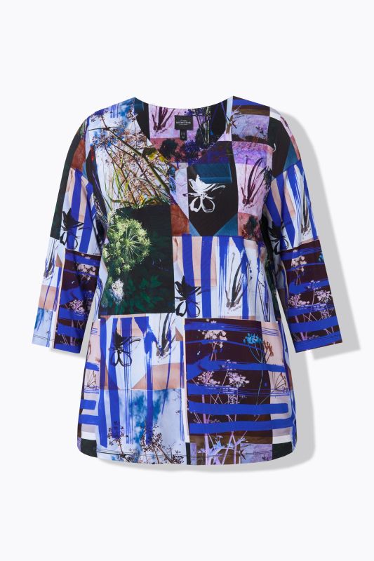 Patchwork Print 3/4 Sleeve Slinky Tee