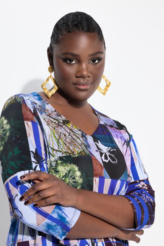 Patchwork Print 3/4 Sleeve Slinky Tee