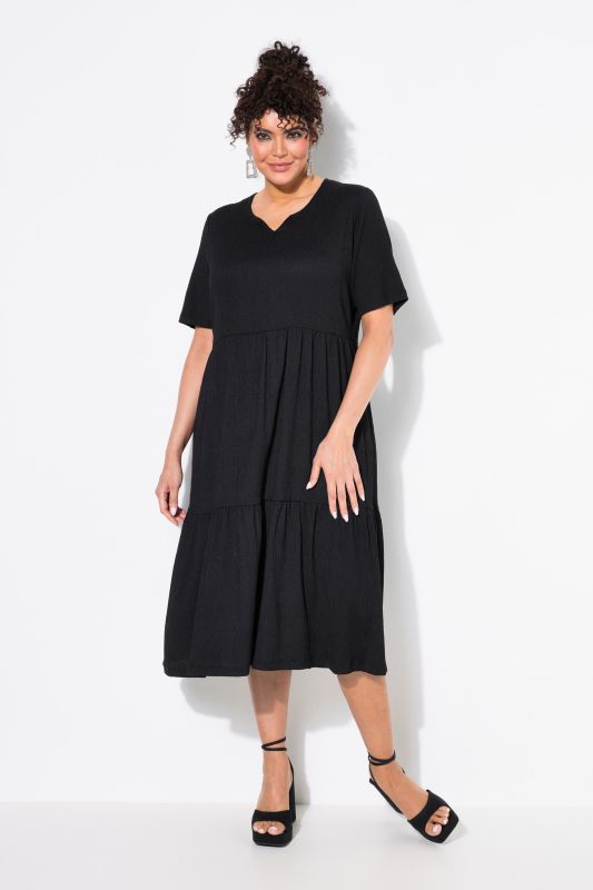 Tiered Flounce Panel Short Sleeve Split Neck Dress
