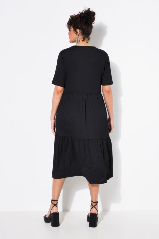 Tiered Flounce Panel Short Sleeve Split Neck Dress
