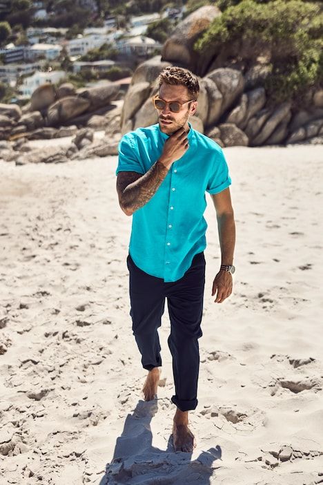 Shirt, short-sleeved, linen blend, stand-up collar, modern fit