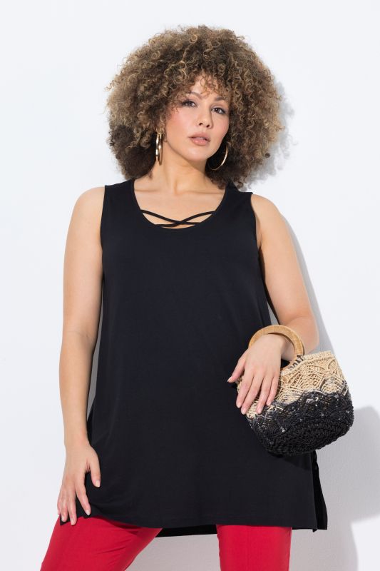 Strap Accent Scoop Neck Cotton Tank Tunic Blouse