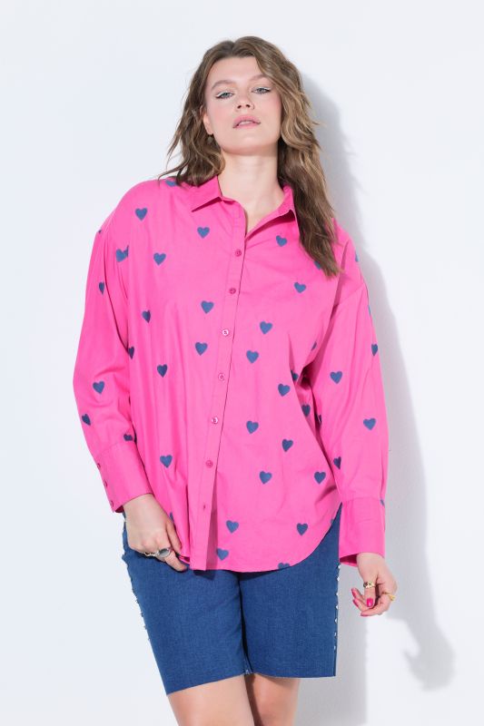 shirt blouse, oversized, heart embroidery, shirt collar, long sleeve