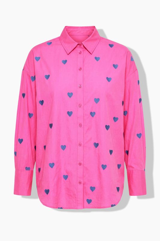 shirt blouse, oversized, heart embroidery, shirt collar, long sleeve