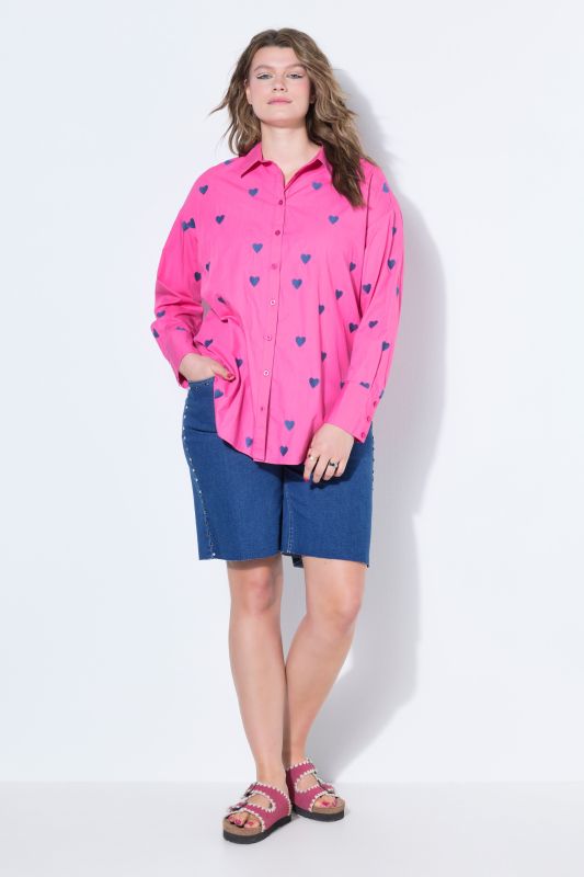 shirt blouse, oversized, heart embroidery, shirt collar, long sleeve