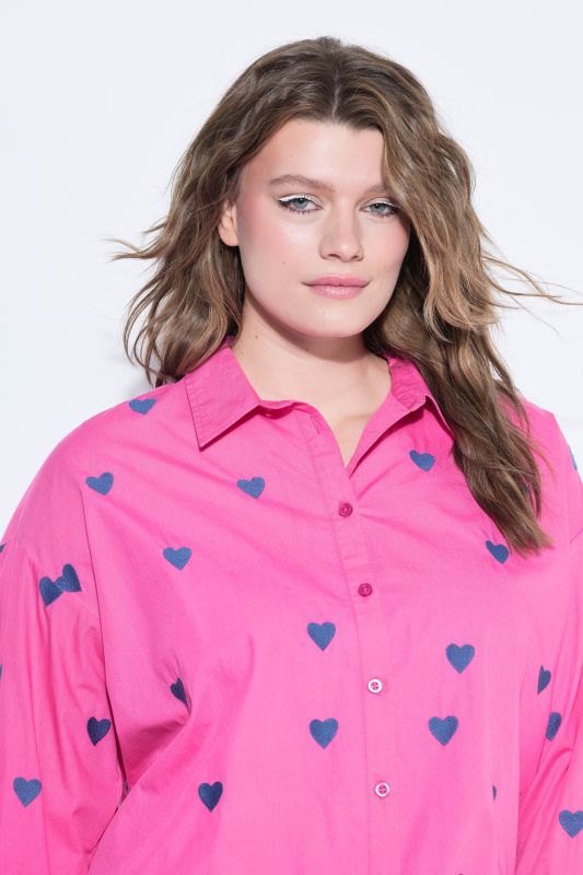 shirt blouse, oversized, heart embroidery, shirt collar, long sleeve