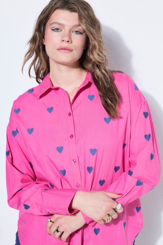 shirt blouse, oversized, heart embroidery, shirt collar, long sleeve
