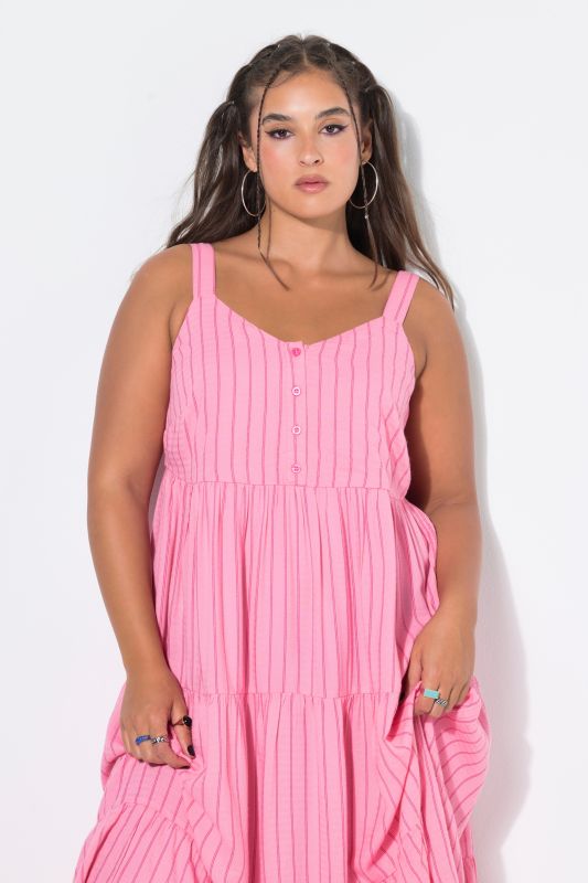 Striped Linen Blend Flounce Panel Dress