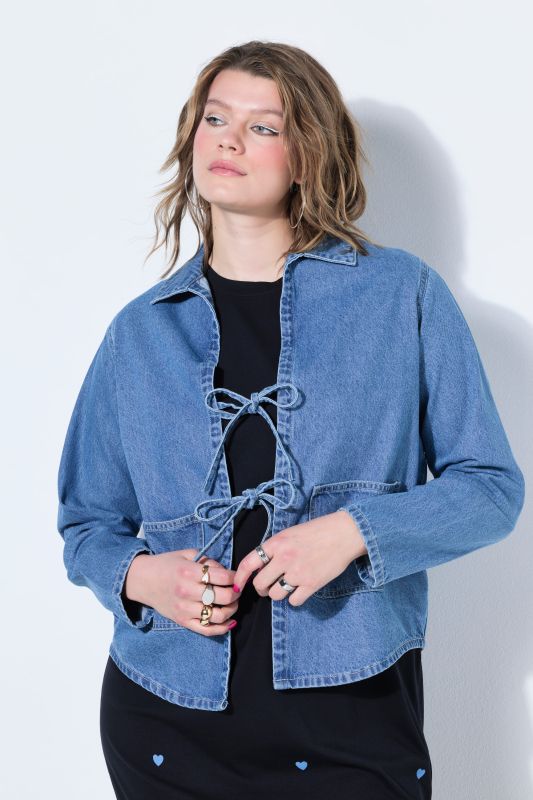 Ribbon Tie Long Sleeve Denim Jacket