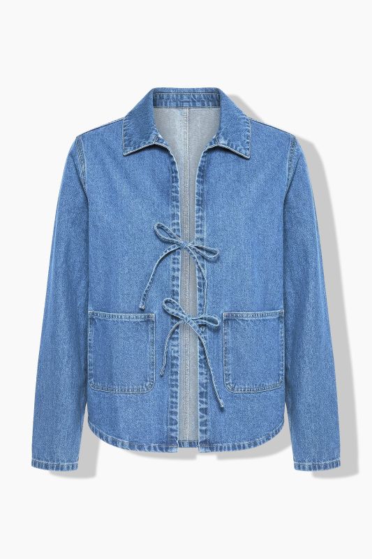 Ribbon Tie Long Sleeve Denim Jacket